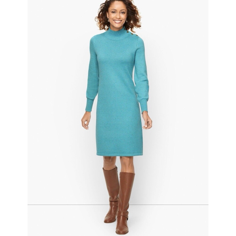 New Talbots Mock neck Sweater Dress Size XL Blue Confetti Shaker Stitch Shift